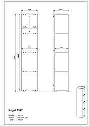 Technische Zeichnung eines schmalen, hohen Regals mit drei Fächern, Vorder- und Seitenansicht, Maße: Breite 31 cm, Höhe 144/146 cm, Tiefe 29 cm.