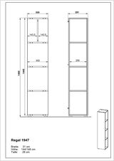 Technische Zeichnung eines schmalen, hohen Regals mit drei Fächern, Vorder- und Seitenansicht, Maße: Breite 31 cm, Höhe 144/146 cm, Tiefe 29 cm.