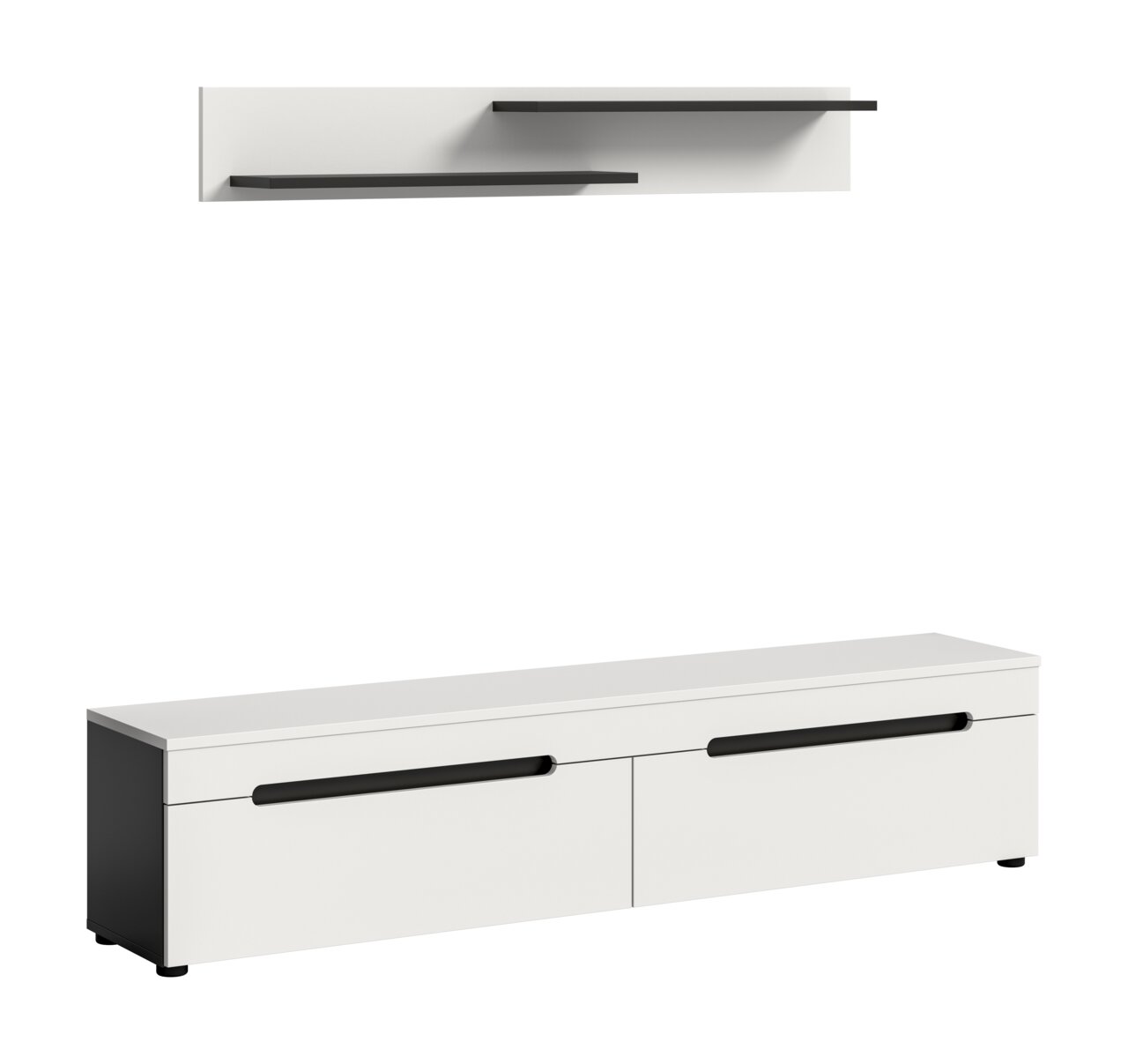 MID.YOU TV-Lowboard CANU Modernes weißes TV-Lowboard mit zwei Klappen und langen schwarzen Griffleisten, dazu zwei schwebende Wandregale; Ansicht schräg von vorn in leichter Draufsicht