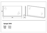 Rechteckiger Spiegel mit den Maßen 118 cm Breite, 65 cm Höhe und 16 cm Tiefe, seitliche und frontale Ansicht.