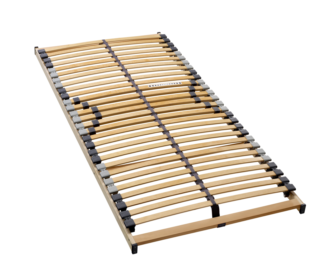 Linneweber Federholzrahmen NV DUO 28 Federholzrahmen in schräger Perspektive, zeigt Holzlatten und Kunststoffhalterungen.