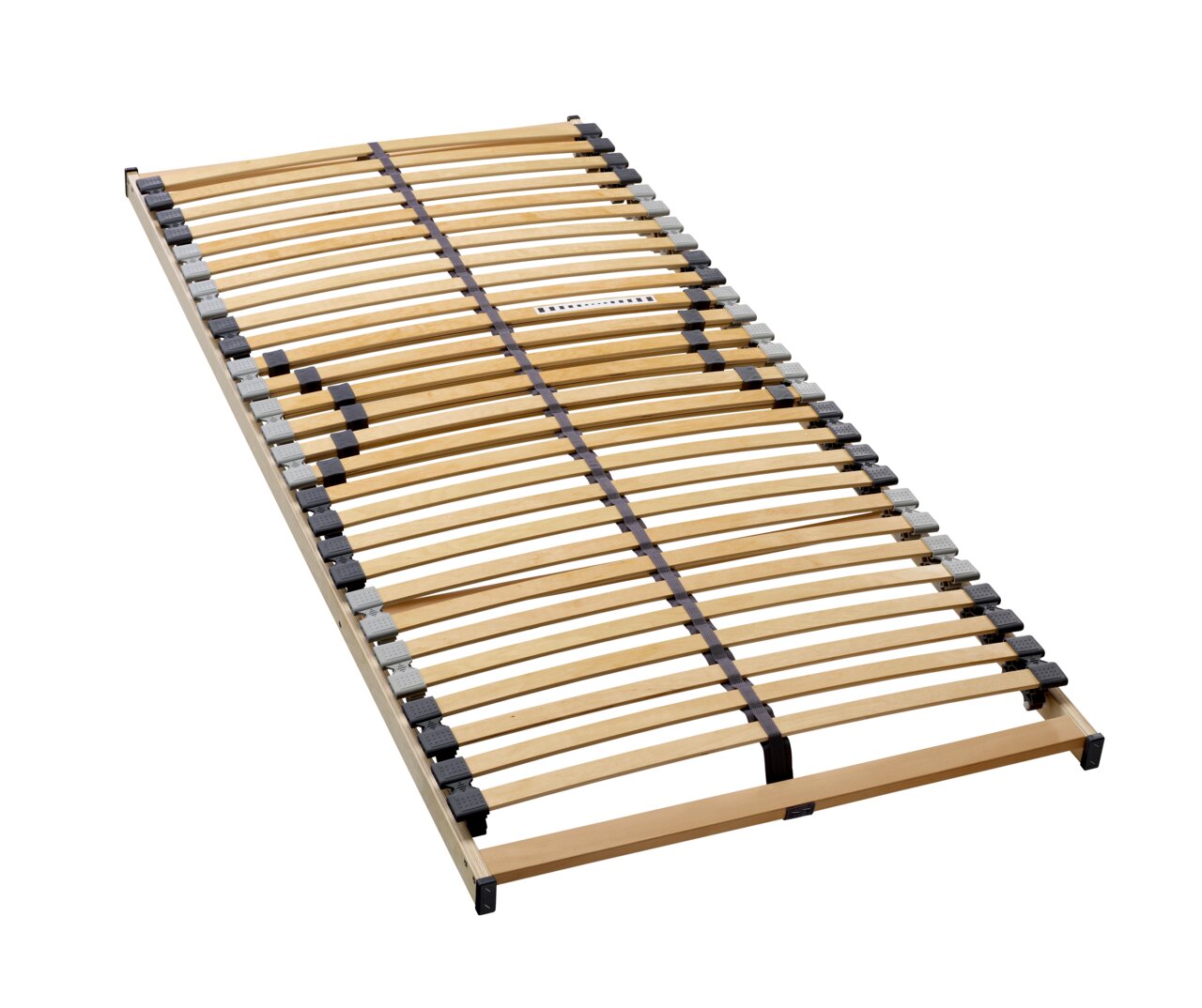 Een lattenbodem in schuin perspectief, met houten latten en kunststof bevestigingen.
