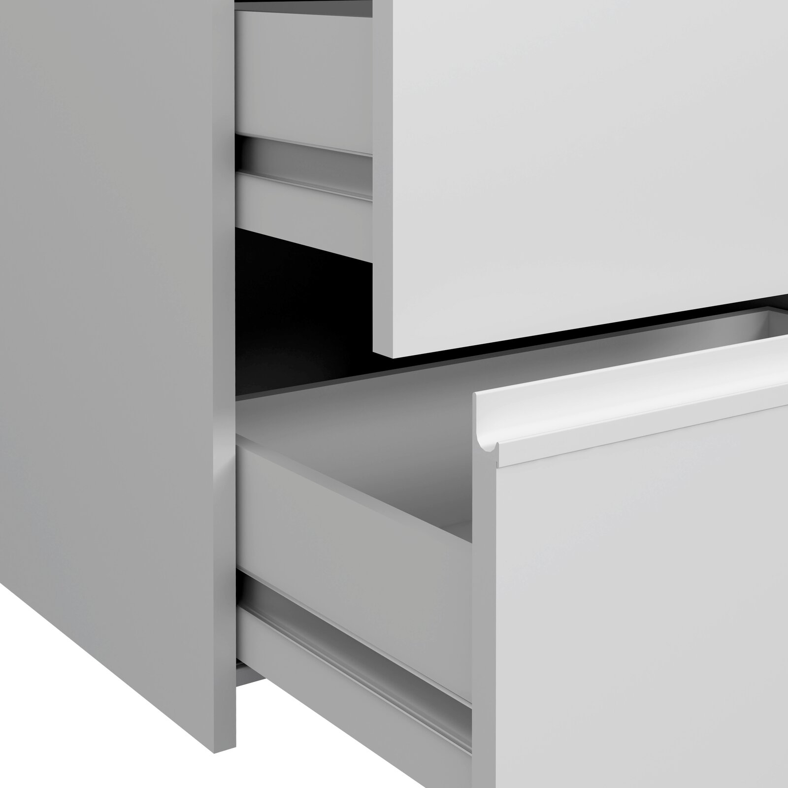 Nahaufnahme eines Schwebetürenschranks mit geöffneten Schubladen, seitliche Perspektive