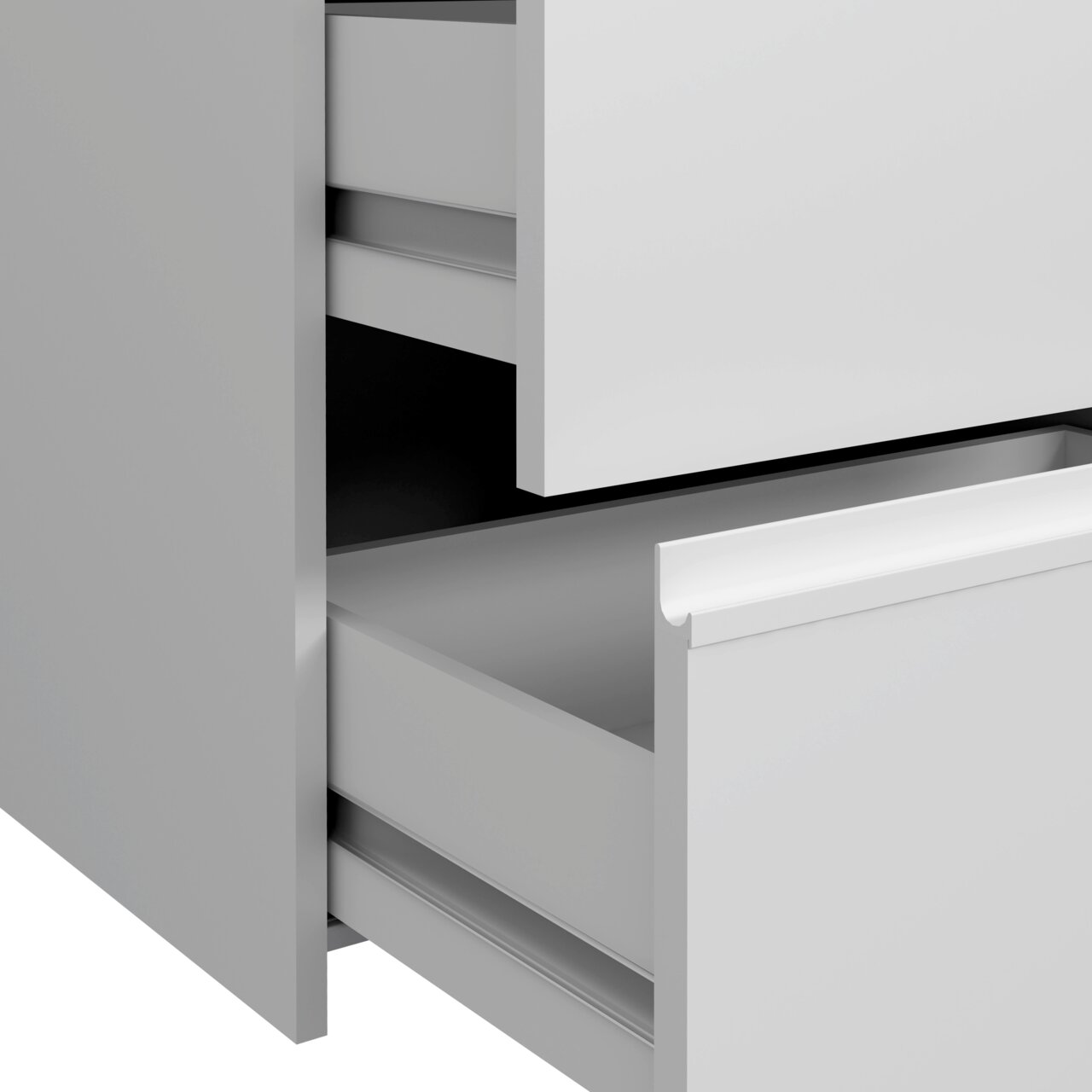 Nahaufnahme eines Schwebetürenschranks mit geöffneten Schubladen, seitliche Perspektive