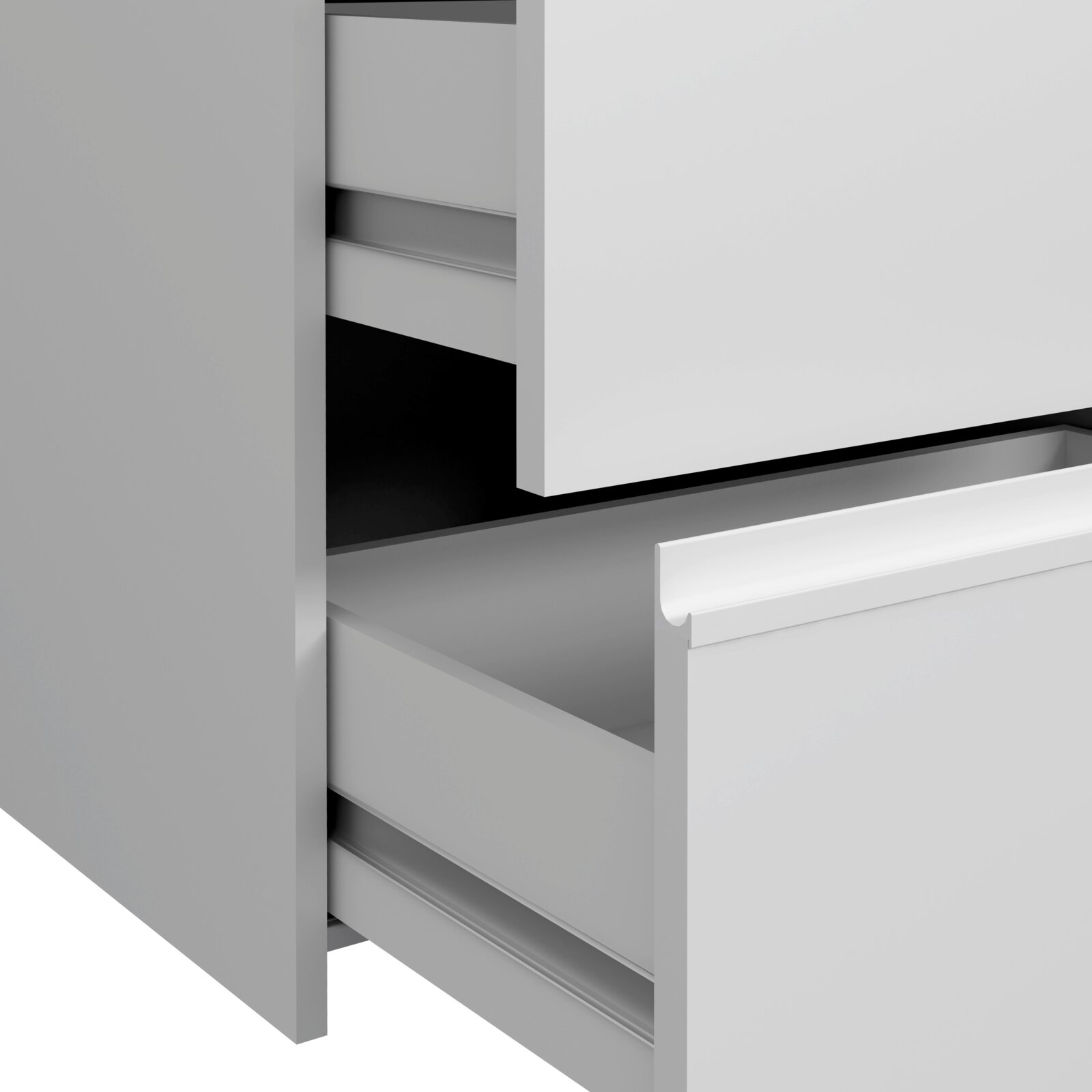 Nahaufnahme eines Schwebetürenschranks mit geöffneten Schubladen, seitliche Perspektive