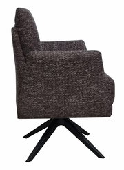 Seitenansicht eines modernen Drehsessels mit dunklem Stoffbezug und schwarzem Metallfuß.