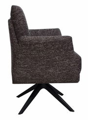 Seitenansicht eines modernen Drehsessels mit dunklem Stoffbezug und schwarzem Metallfuß.