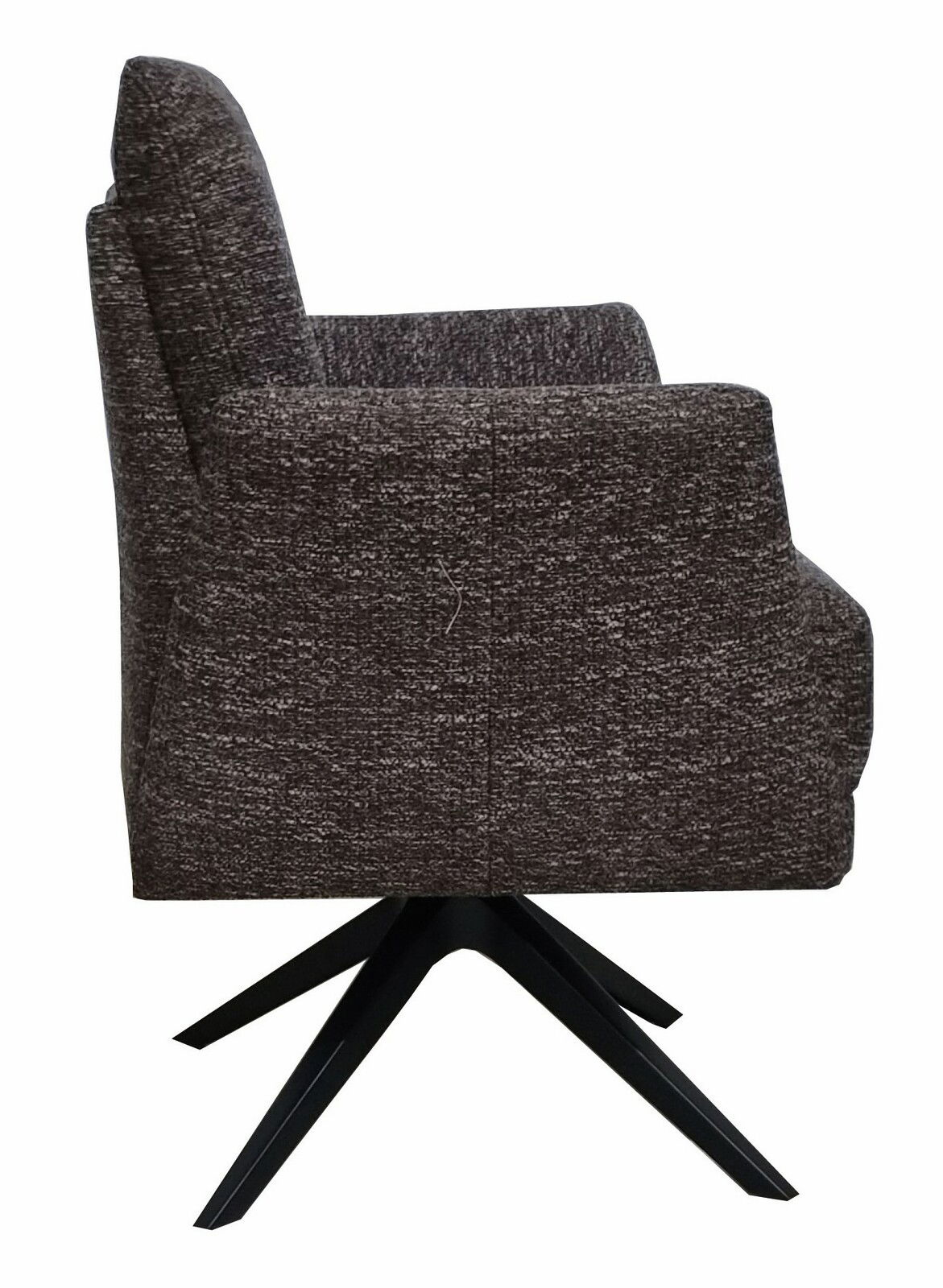 Seitenansicht eines modernen Drehsessels mit dunklem Stoffbezug und schwarzem Metallfuß.