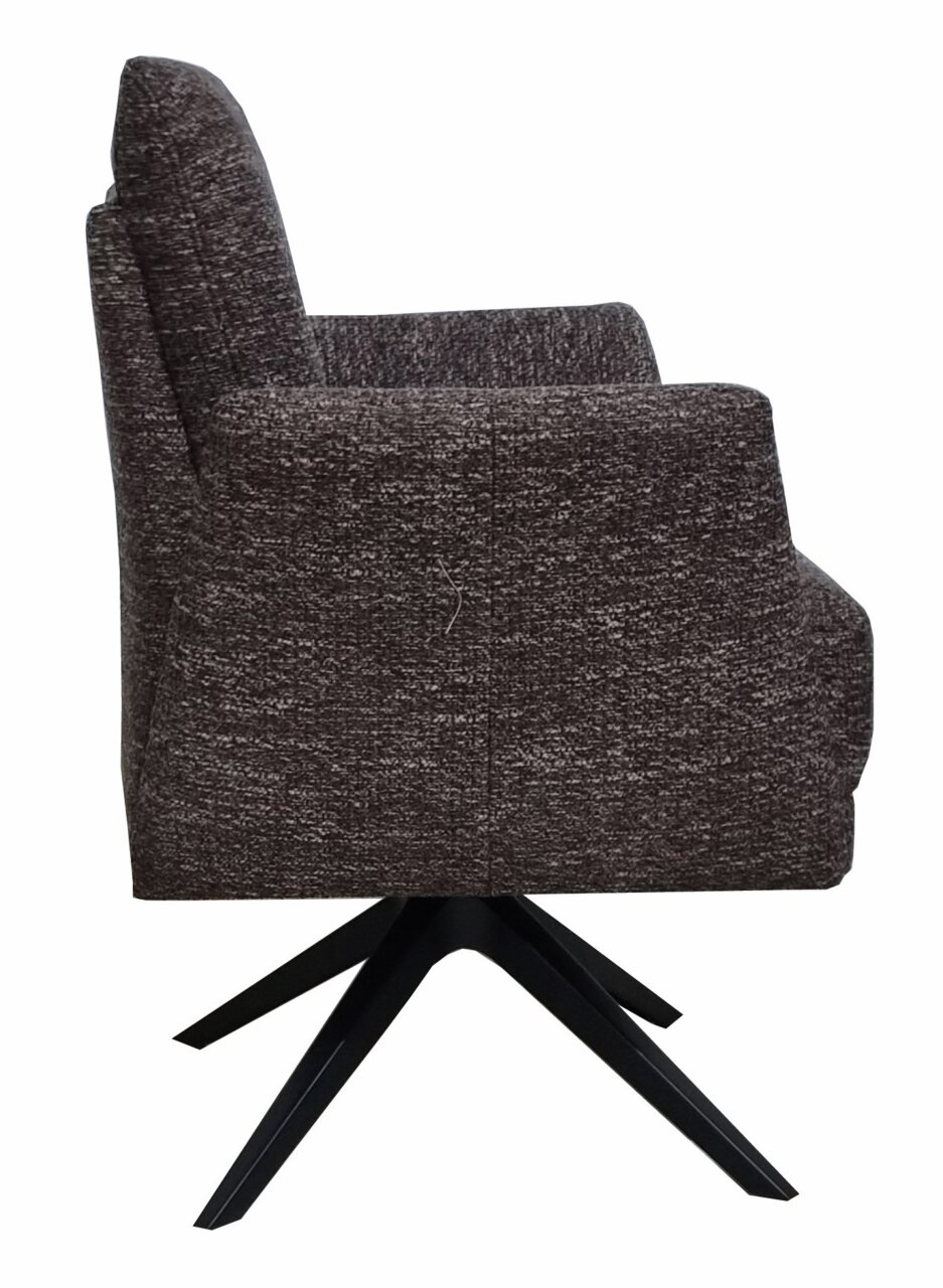 Zijaanzicht van een moderne draaistoel met donkere stoffen bekleding en een zwart metalen onderstel.