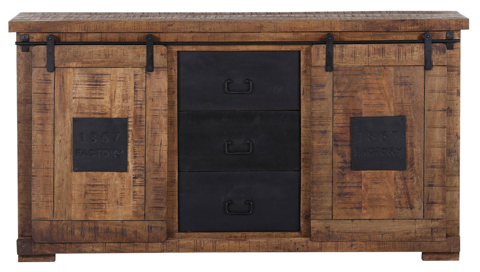 Rustikales Sideboard aus Holz mit zwei Schiebetüren und drei schwarzen Schubladen, Frontalansicht