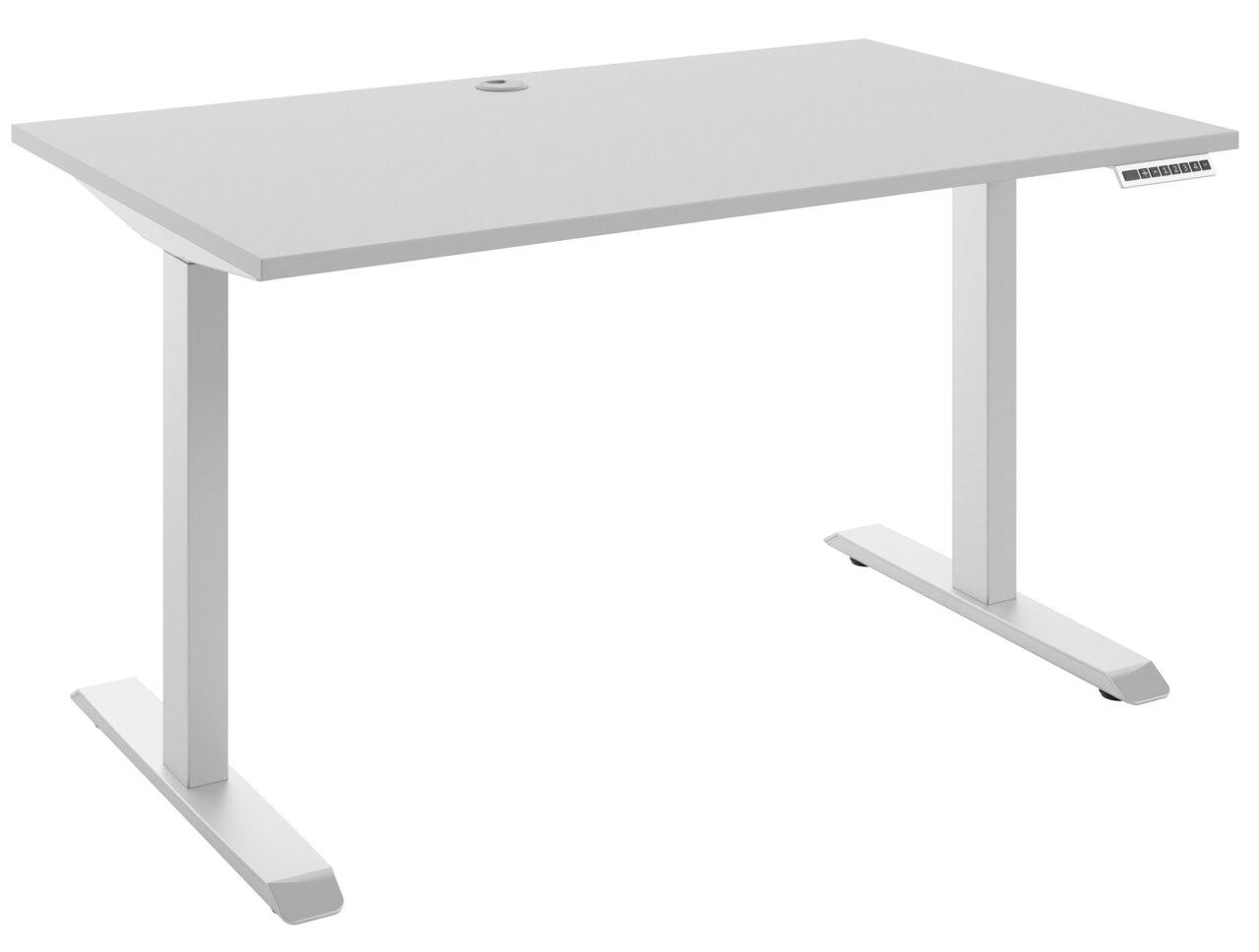 Moderner weißer E-Schreibtisch mit rechteckiger Tischplatte und höhenverstellbaren T-Füßen, seitliche Perspektive