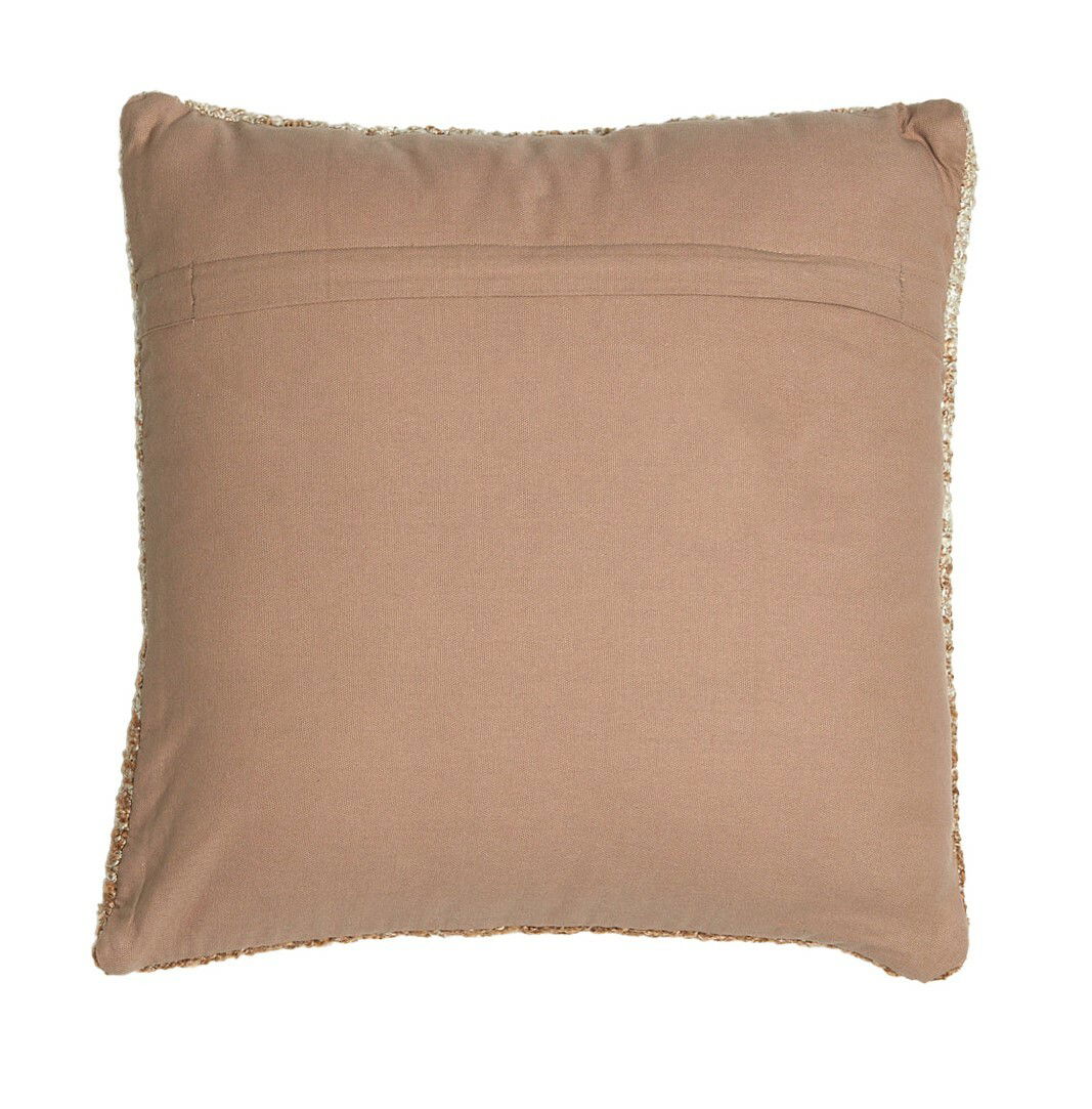 Rückansicht eines quadratischen Kissens in Beige mit verdecktem Reißverschluss.