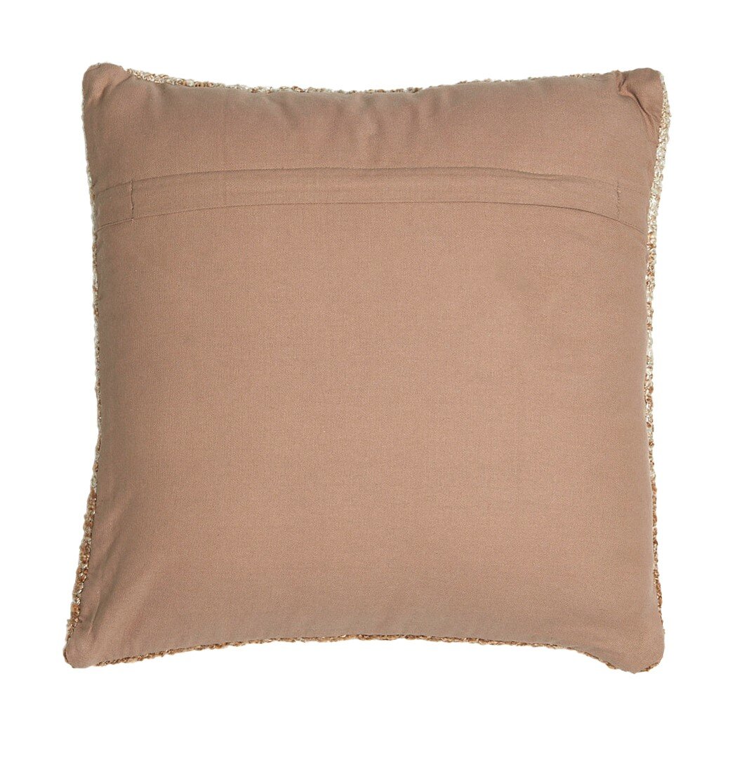 Rückansicht eines quadratischen Kissens in Beige mit verdecktem Reißverschluss.