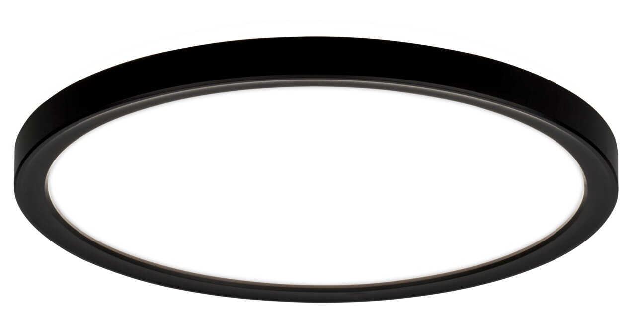 Runde LED-Deckenleuchte mit schwarzem Rahmen, seitliche Perspektive