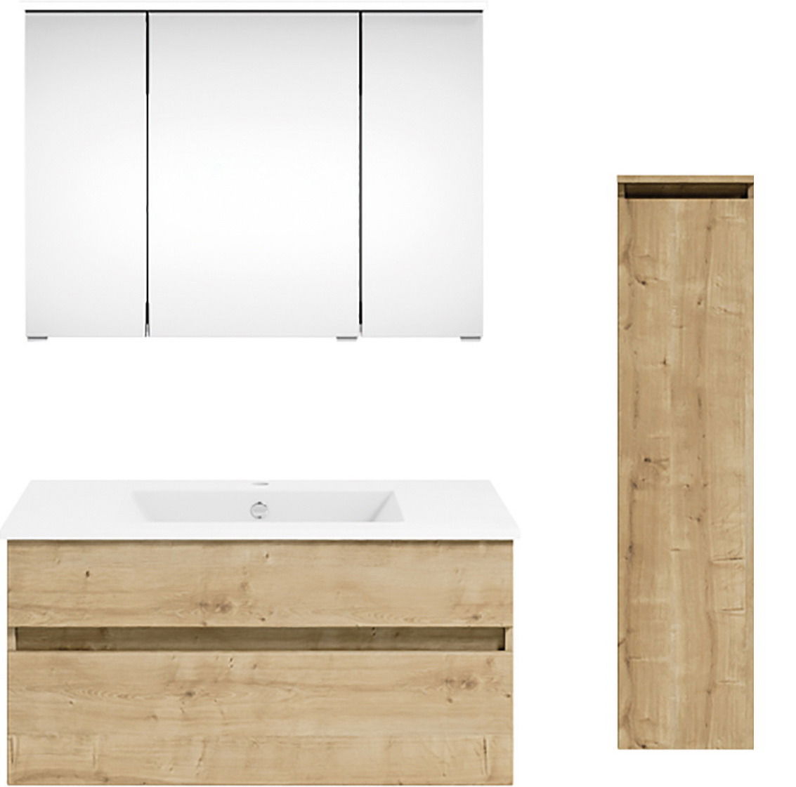 Frontale Ansicht einer Badkombination mit einem weißen Spiegelschrank, einem Waschtisch mit Holzoptik und einem hohen, schmalen Schrank in Holzoptik.