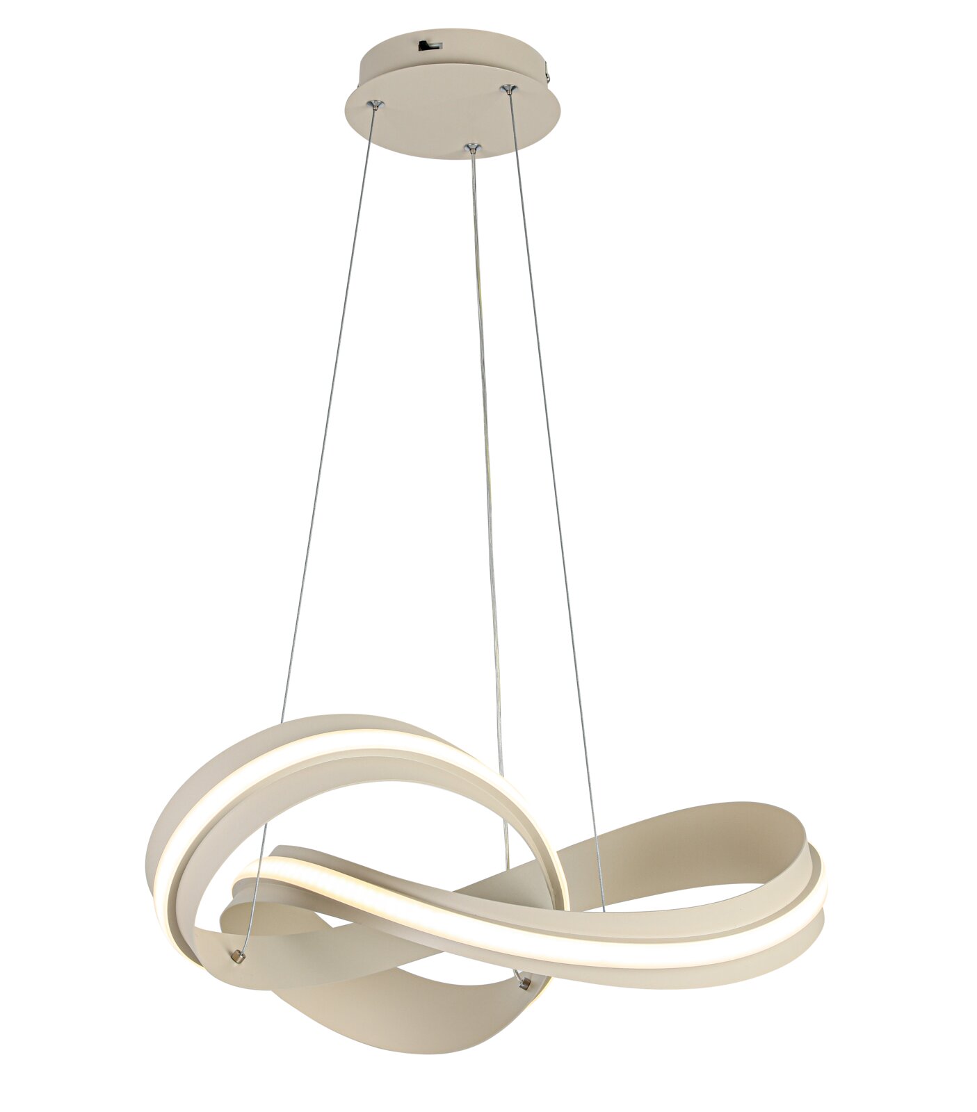 Moderne LED-hanglamp met een gebogen vormgeving, zijaanzicht