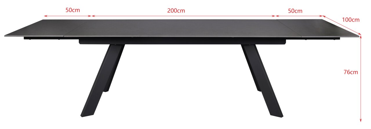 Moderne tuintafel in zwarte kleur, uitschuifbaar, met afmetingen van 200 cm lengte, 100 cm breedte en 76 cm hoogte, zijaanzicht.