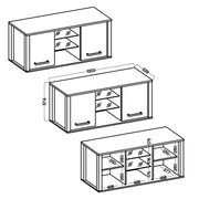 Technische Zeichnung eines Hängeschranks mit zwei Türen und offenen Regalfächern in der Mitte, perspektivische Ansicht von vorne und oben.