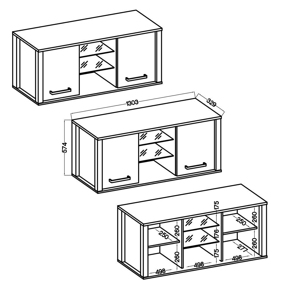 Technische Zeichnung eines Hängeschranks mit zwei Türen und offenen Regalfächern in der Mitte, perspektivische Ansicht von vorne und oben.