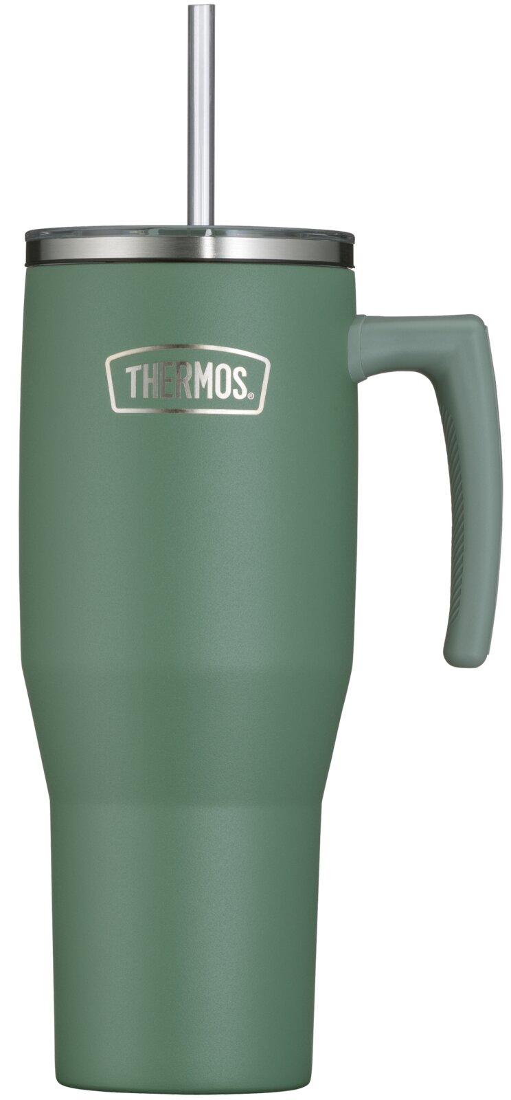 Vooraanzicht van een groene Thermos-isoleerbeker met handvat, roestvrijstalen deksel en metalen rietje