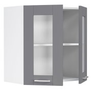 Grau-weißer Hängeschrank/Badschrank mit offener Ablage und Schublade, freigestellt, in schräger Frontansicht von rechts