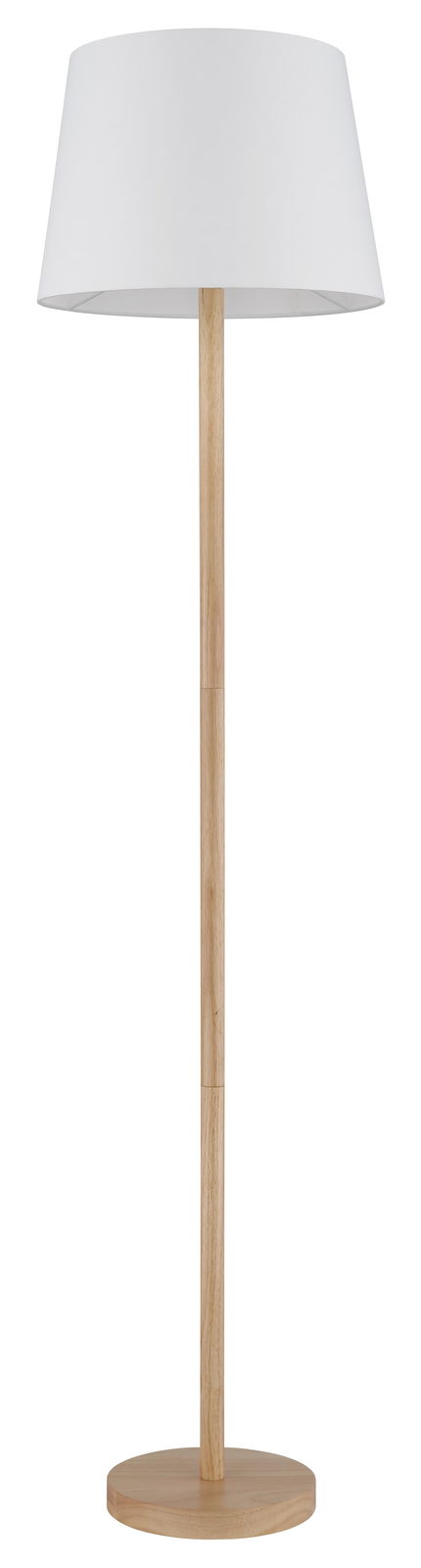 Stehleuchte mit weißem Lampenschirm und Holzfuß, frontal abgebildet.