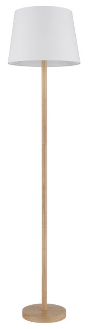 Stehleuchte mit weißem Lampenschirm und Holzfuß, frontal abgebildet.