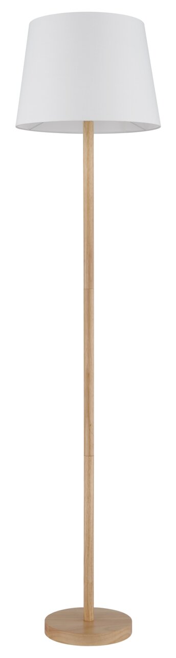 Stehleuchte mit weißem Lampenschirm und Holzfuß, frontal abgebildet.