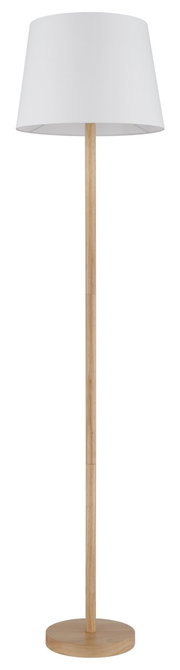 Stehleuchte mit weißem Lampenschirm und Holzfuß, frontal abgebildet.