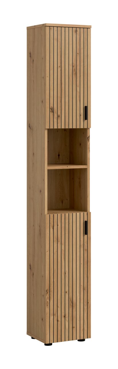 MID.YOU Badschrank MONE Hoher, schmaler Holz-Hochschrank mit vertikaler Lamellenfront, zwei Türen und offenem Mittelregal, schwarze Griffe, freigestellt auf Weiß; Perspektive: frontale Ansicht leicht von links