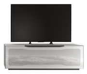 TV-Lowboard in moderner Frontansicht mit großem Flachbildfernseher darauf