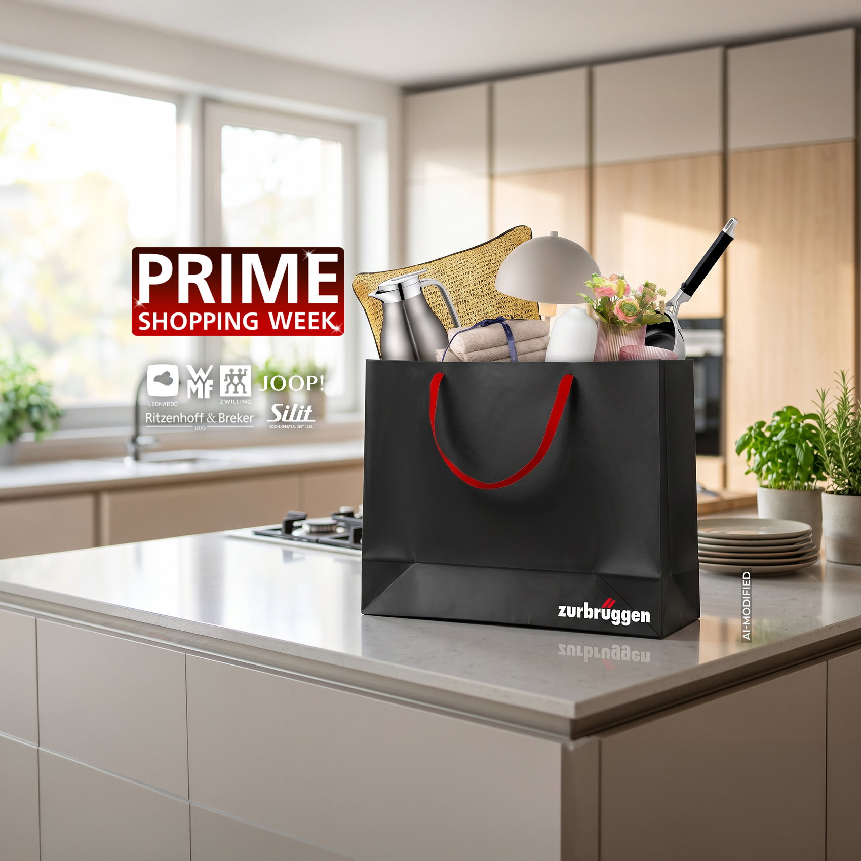 Einkaufstasche von Zurbrüggen mit Wohnaccessoires und Markenartikeln auf moderner Kücheninsel zur Prime Shopping Week.