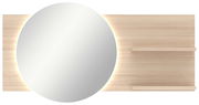 Ovaler Spiegel mit Holzpaneel und integrierter Beleuchtung, frontal betrachtet