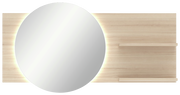 Ovaler Spiegel mit Holzpaneel und integrierter Beleuchtung, frontal betrachtet