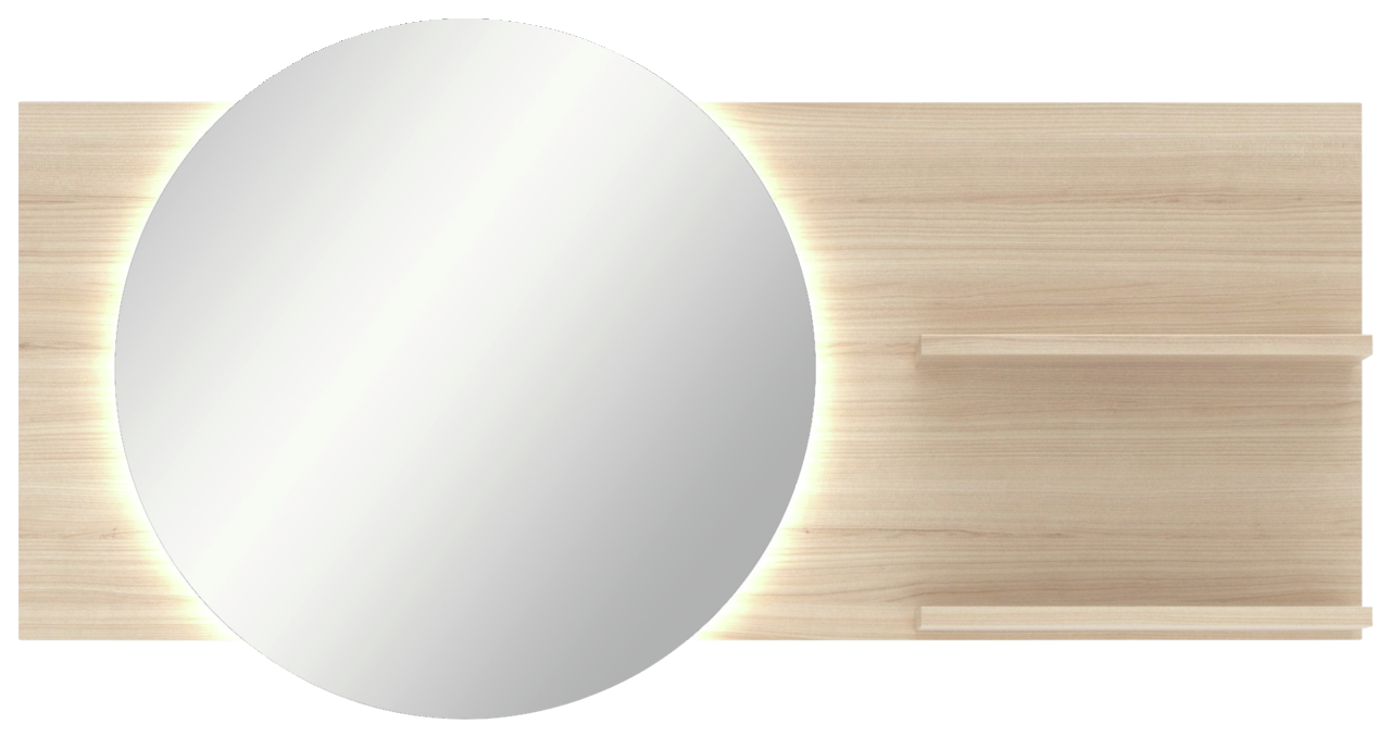 Ovaler Spiegel mit Holzpaneel und integrierter Beleuchtung, frontal betrachtet