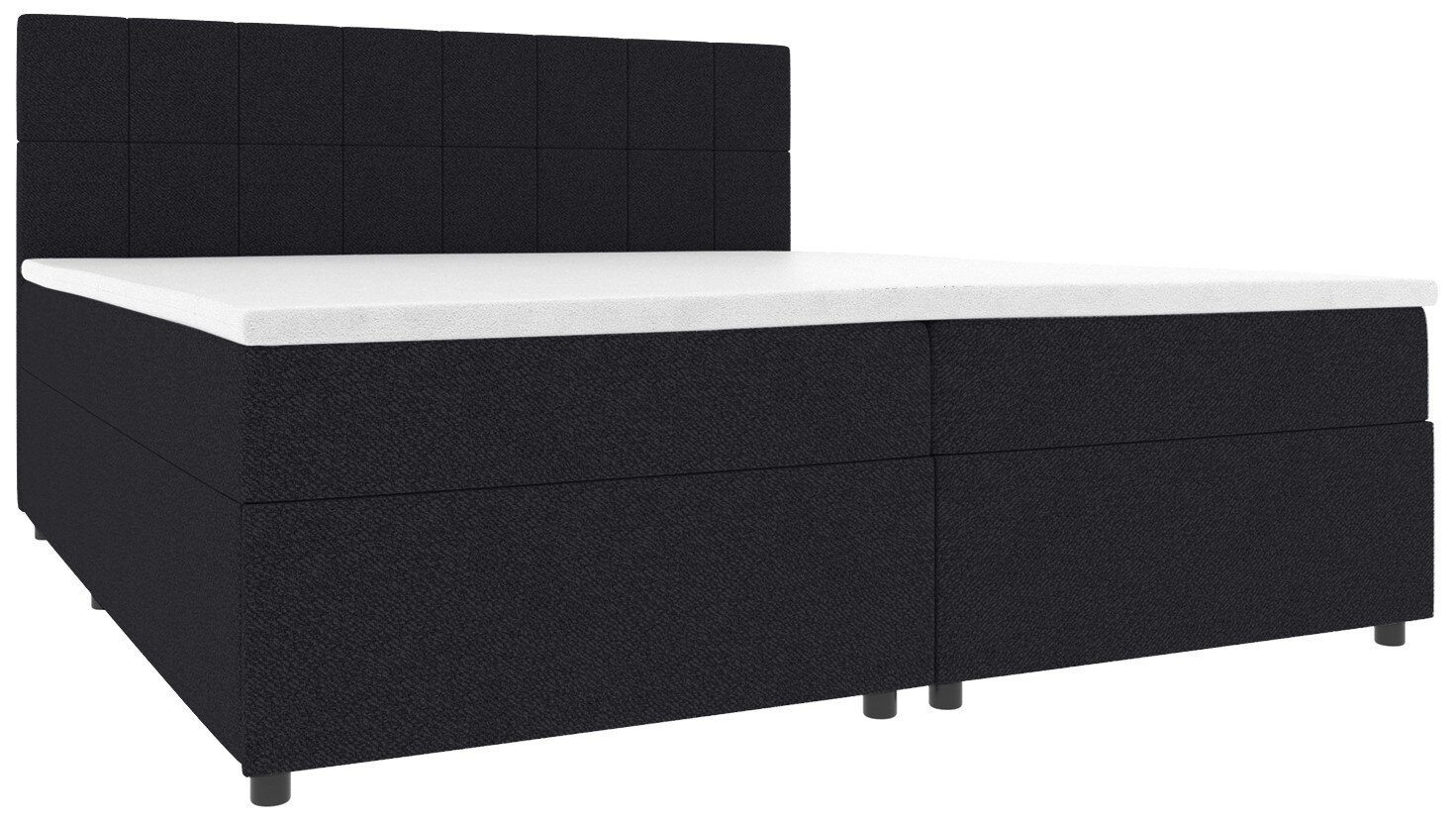 Schwarzes Boxspringbett mit gepolstertem, quadratisch abgestepptem Kopfteil und weißer Matratzenauflage, gezeigt in seitlicher Frontansicht (Perspektive leicht von vorne links).