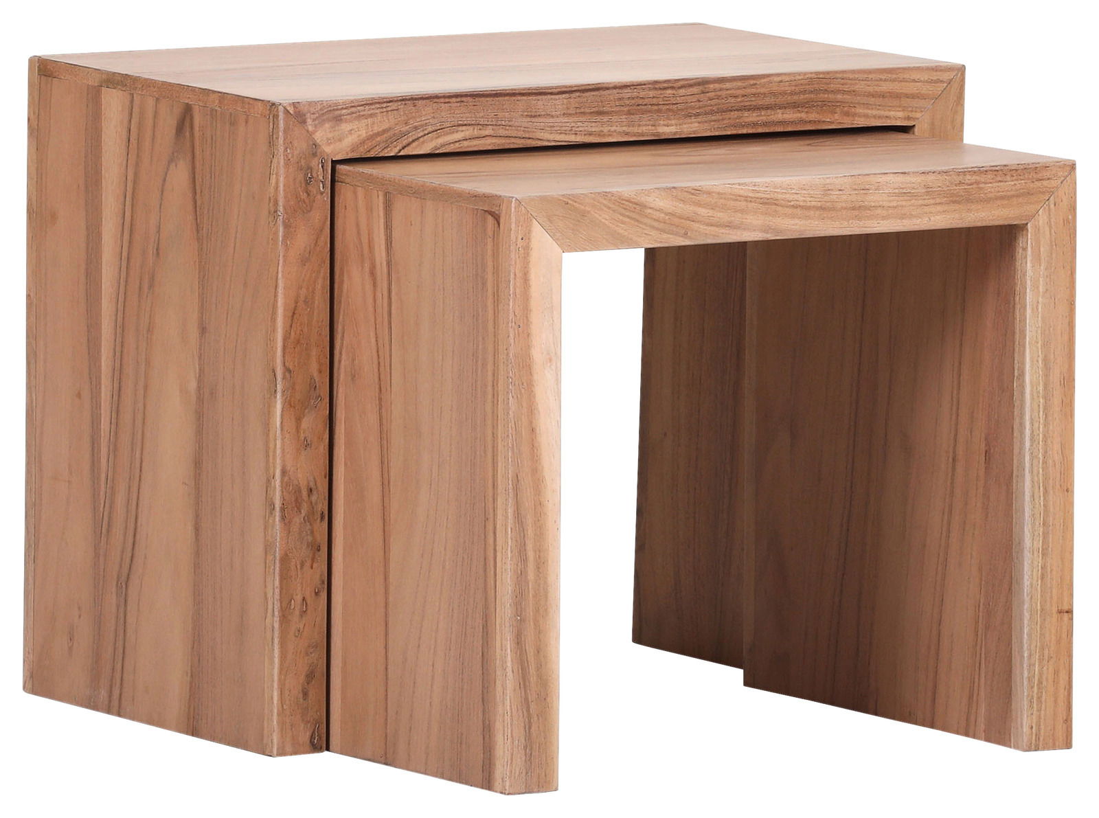 Zwei ineinander verschachtelte Beistelltische aus Holz, seitliche Perspektive