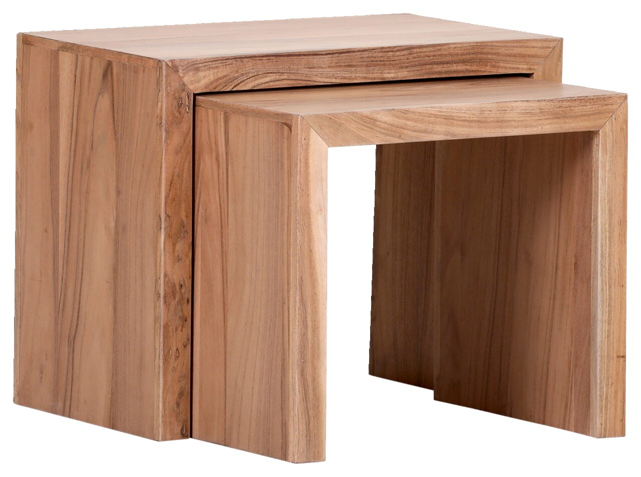 Zwei ineinander verschachtelte Beistelltische aus Holz, seitliche Perspektive