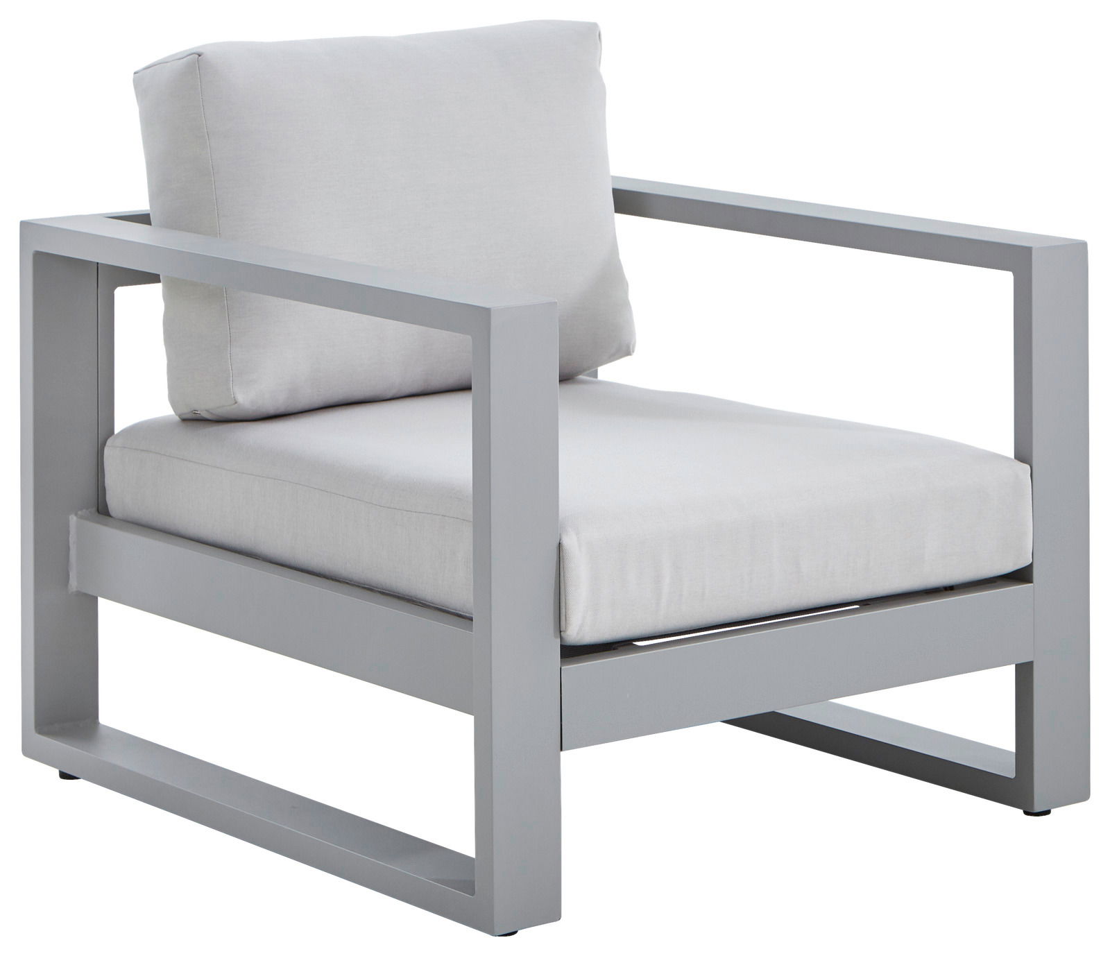 Moderner Lounge-Sessel mit grauem Metallrahmen und hellgrauen Kissen, seitliche Perspektive