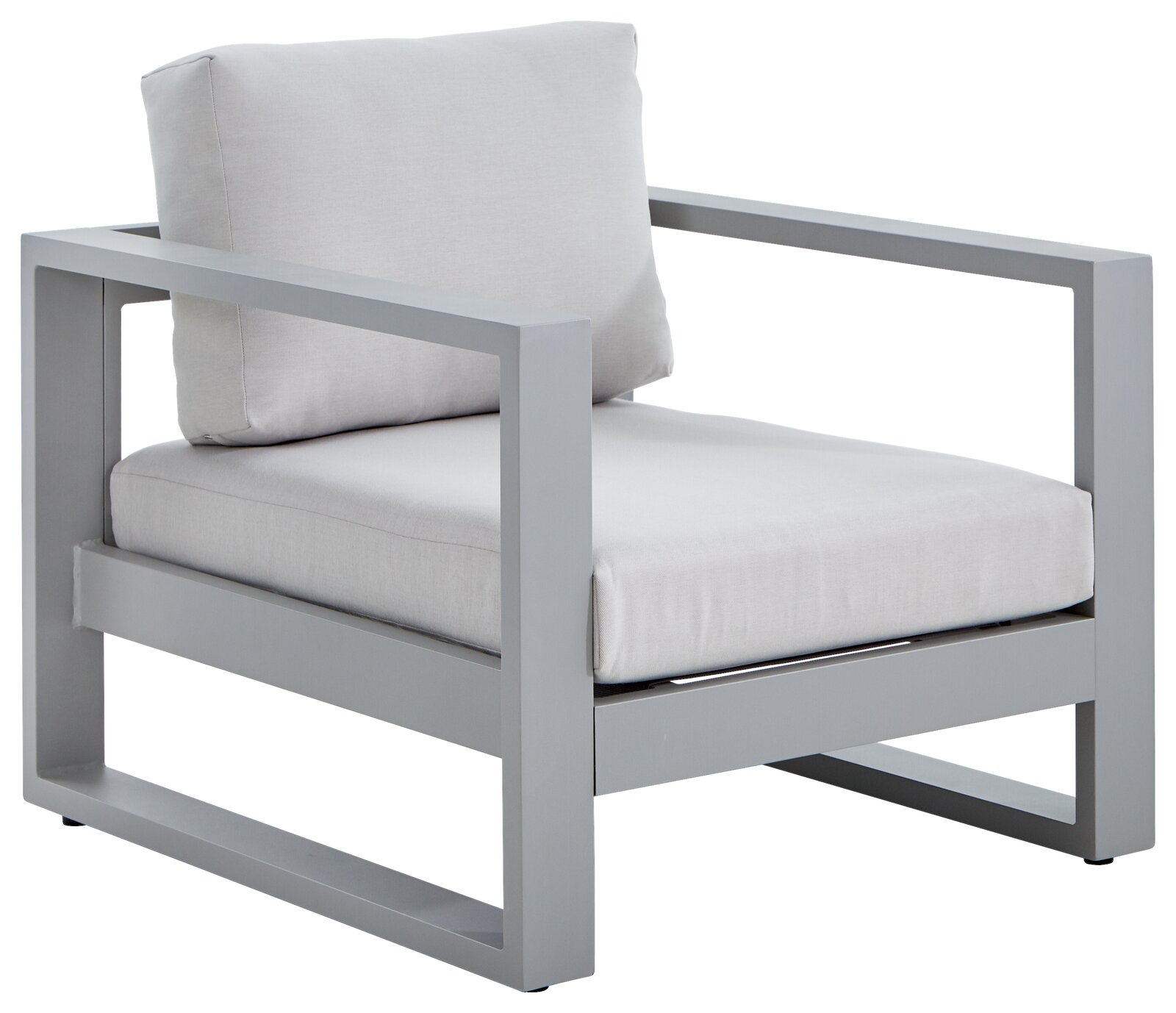 Amatio Loungefauteuil WILLIS Moderner Lounge-Sessel mit grauem Metallrahmen und hellgrauen Kissen, seitliche Perspektive