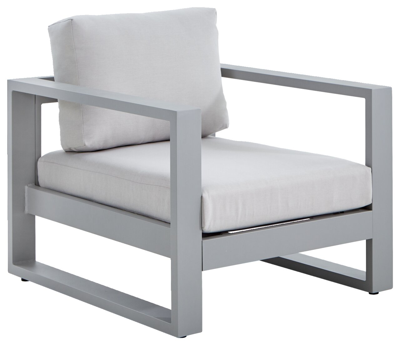 Moderner Lounge-Sessel mit grauem Metallrahmen und hellgrauen Kissen, seitliche Perspektive