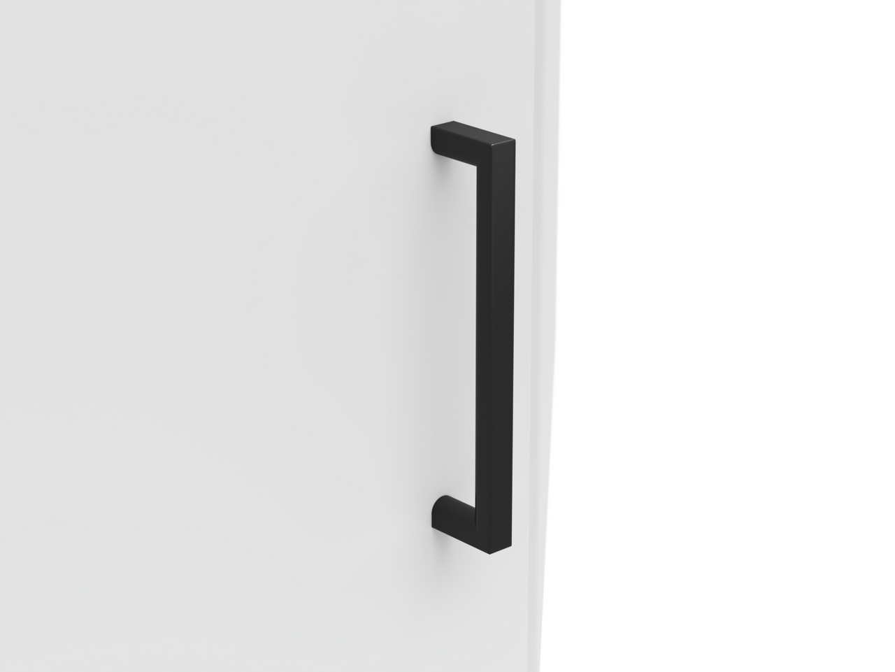 Schwarzer Griff an einer weißen Schranktür, seitliche Perspektive