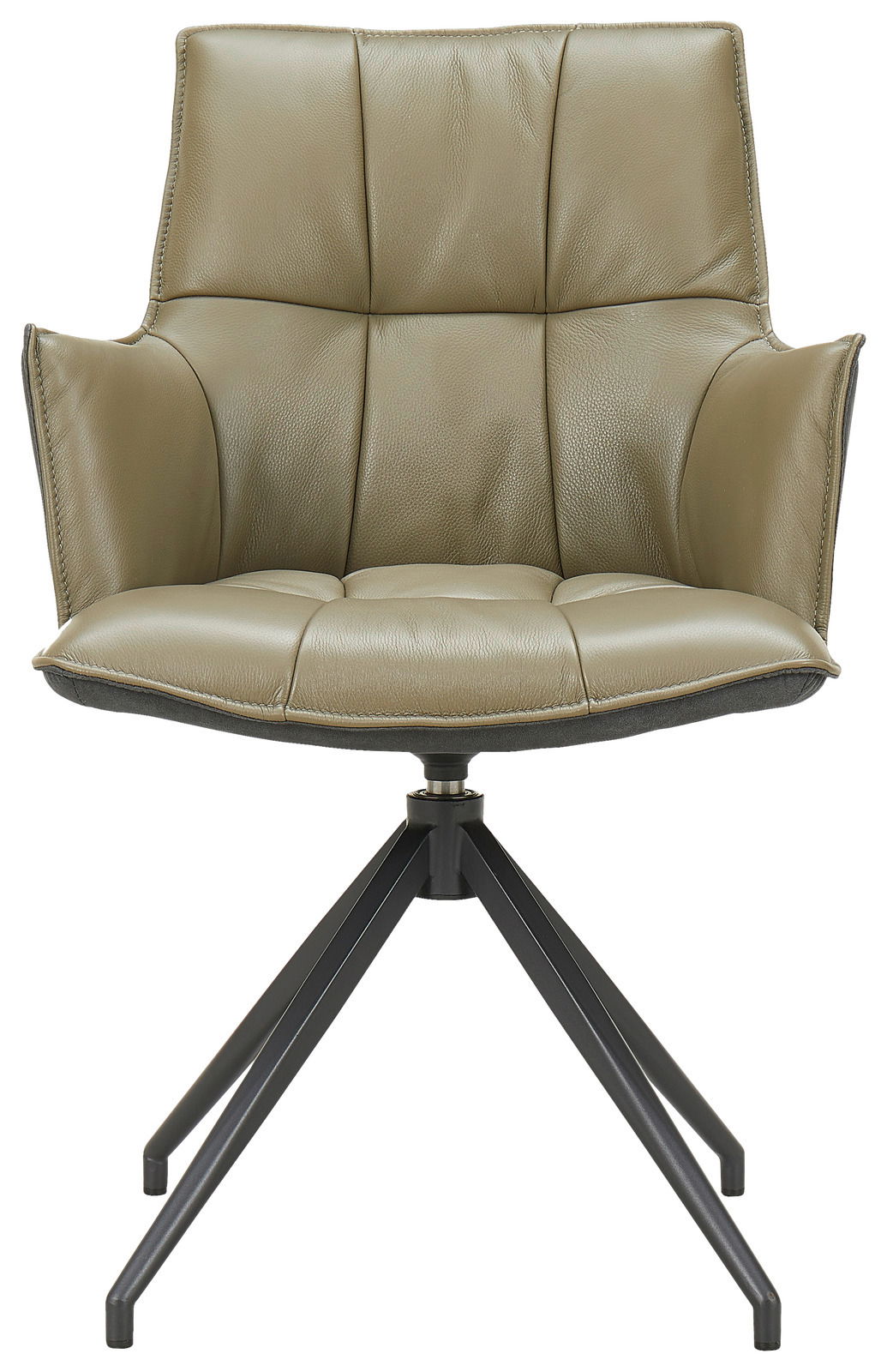 Moderner Sessel in Olivgrün mit gepolsterter Sitzfläche und schwarzem Metallgestell, Frontalansicht