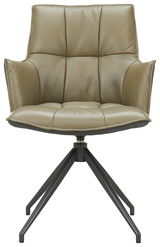 Moderner Sessel in Olivgrün mit gepolsterter Sitzfläche und schwarzem Metallgestell, Frontalansicht