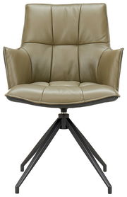 Moderner Sessel in Olivgrün mit gepolsterter Sitzfläche und schwarzem Metallgestell, Frontalansicht