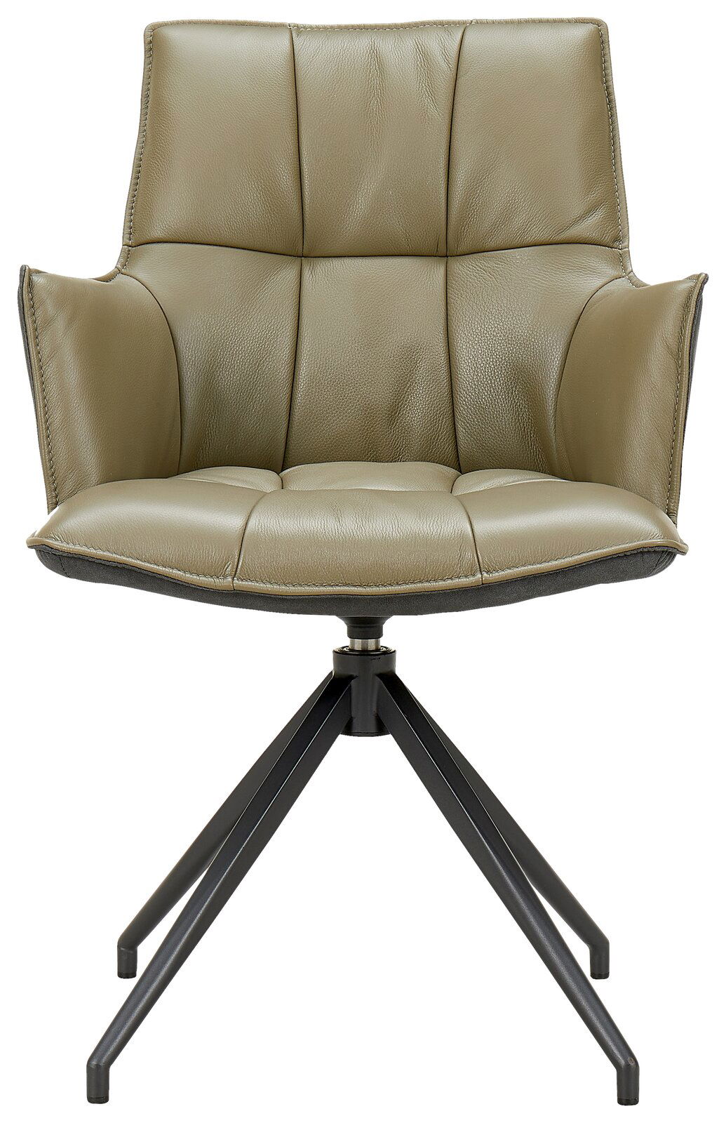 Moderner Sessel in Olivgrün mit gepolsterter Sitzfläche und schwarzem Metallgestell, Frontalansicht