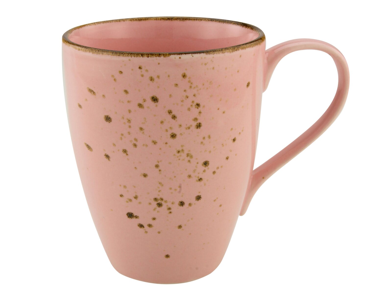 Rosa Keramikbecher mit goldenen Sprenkeln und Henkel, freigestellt auf weißem Hintergrund, in seitlicher Ansicht mit leichtem Blick von oben
