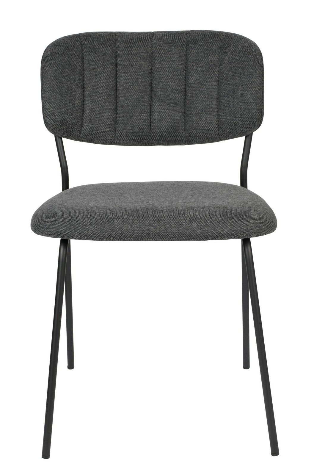 Moderner grauer Stuhl mit schwarzem Metallgestell, Vorderansicht