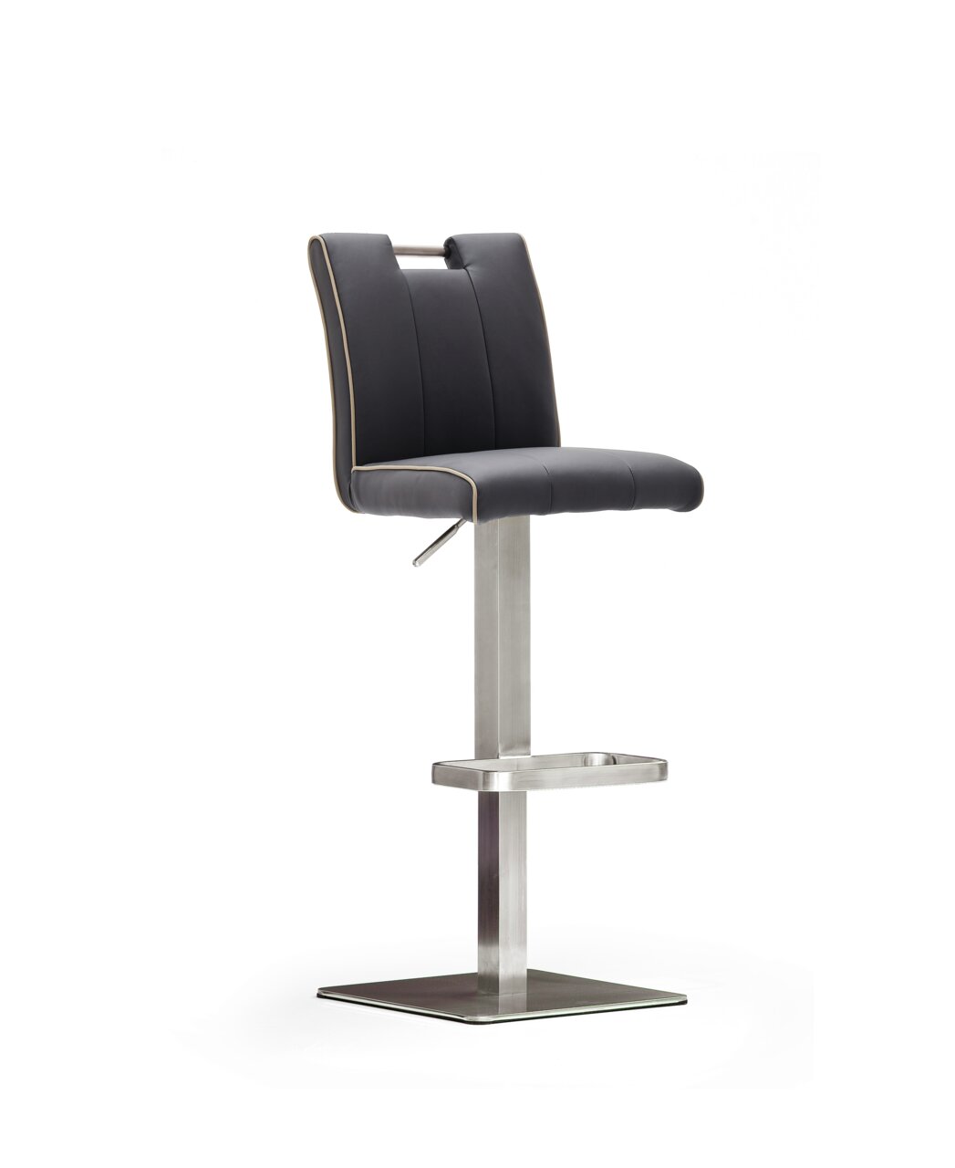 Moderner Barhocker mit schwarzem Sitz und Edelstahlgestell, seitliche Perspektive
