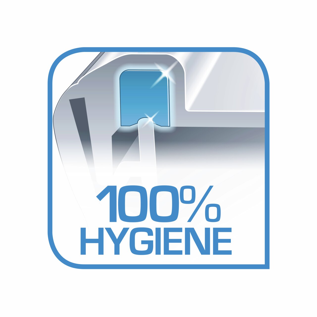 Illustration eines blauen Clips mit der Aufschrift '100% Hygiene', perspektivisch von vorne betrachtet.